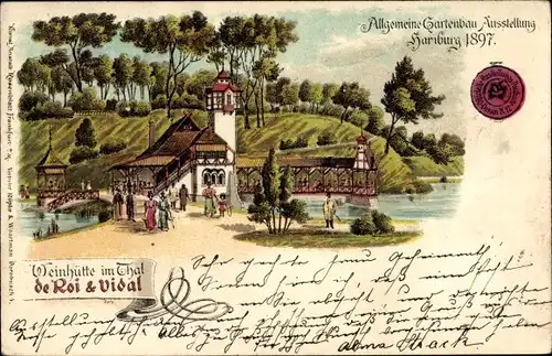 Litho Hamburg, Allg. Gartenbau Ausstellung 1897, Weinhütte im Tal, de Roi & Vidal