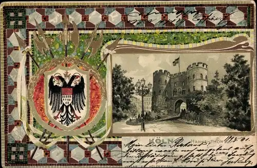 Passepartout Präge Wappen Litho Köln am Rhein, Hahnentor