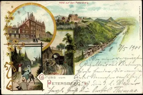 Litho Königswinter im Rhein Sieg Kreis, Hotel auf dem Petersberg, Viadukt, Zahnradbahn