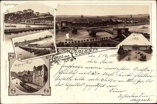 Litho Koblenz am Rhein, Burg, Mosel, Schloss, Ehrenbreitenstein