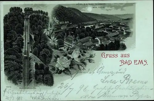 Mondschein Litho Bad Ems an der Lahn, Malbergbahn, Hotel zu den Vier Türmen, Neue Kirche