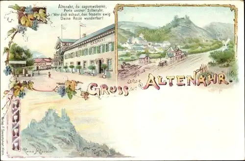 Litho Altenahr im Landkreis Ahrweiler, Hotel Caspari, Ruine Altenahr