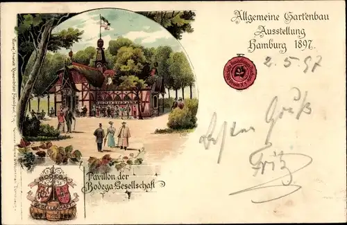 Litho Hamburg, Allgemeine Gartenbau Ausstellung 1897, Pavillon der Bodega Gesellschaft