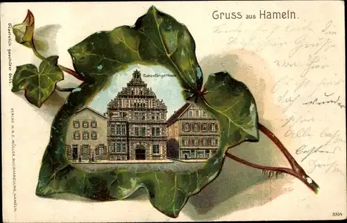 Efeublatt Litho Hameln an der Weser Niedersachsen, Rattenfängerhaus