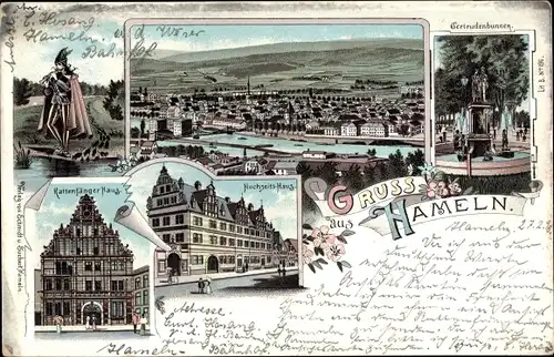 Litho Hameln in Niedersachsen, Rattenfänger, Hochzeitshaus, Gertrudenbrunnen, Rattenfängerhaus