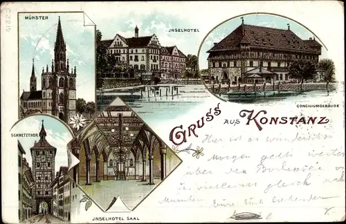 Litho Konstanz am Bodensee, Münster, Inselhotel, Schnetztor, Conciliumgebäude