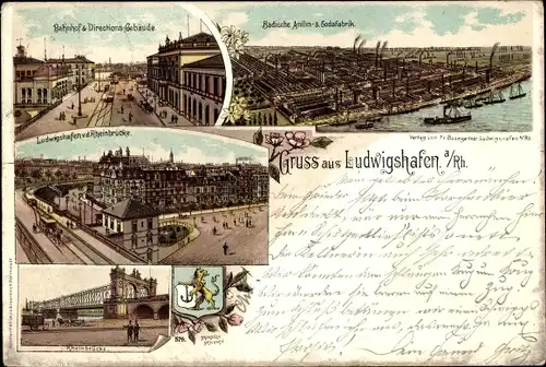 Litho Ludwigshafen am Rhein, Bahnhof, Direktions-Gebäude, Badische Anilin- und Sodafabrik
