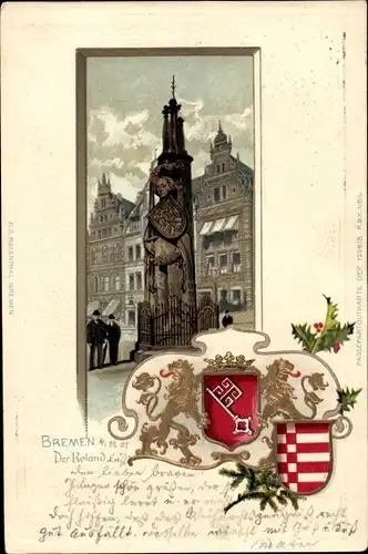 Präge Wappen Passepartout Litho Hansestadt Bremen, Der Roland, Glückwunsch Neujahr