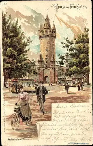 Litho Frankfurt am Main, Eschenheimer Turm, Straßenbahn, Radfahrerin