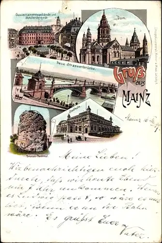 Litho Mainz am Rhein, Dom, Gouvernementgebäude, Schillerdenkmal, Stadthalle