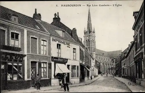 Ak Haubourdin Nord, Rue Leon Gambetta, Kirche, Edmond Briqueteur, Druckerei