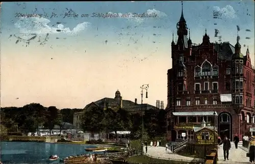 Ak Kaliningrad Königsberg Ostpreußen, Partie am Schloßteich mit Stadthalle