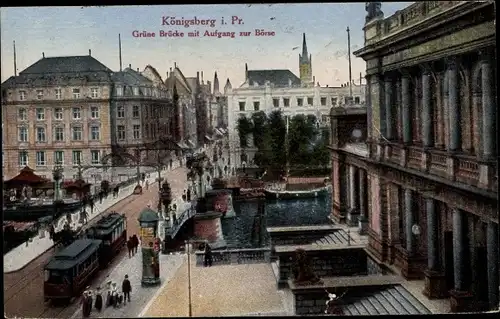 Ak Kaliningrad Königsberg Ostpreußen, Grüne Brücke mit Aufgang zur Börse, Straßenbahn