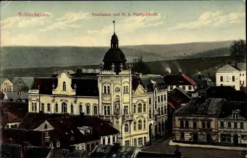 Ak Šluknov Schluckenau Region Aussig, Sparkasse und K. k. Postgebäude