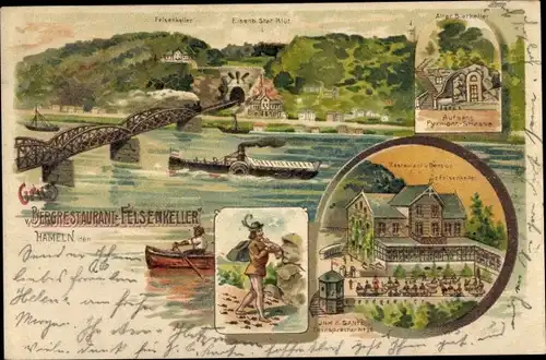 Litho Hameln an der Weser Niedersachsen, Bergrestaurant Felsenkeller, Rattenfänger
