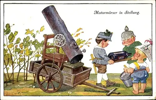 Künstler Ak Oertel, M., Motormörser in Stellung, Kinder spielen Krieg