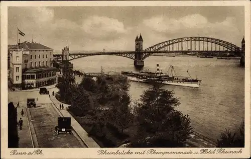 Ak Bonn am Rhein, Rheinbrücke, Rheinpromenade, Hotel Rheineck