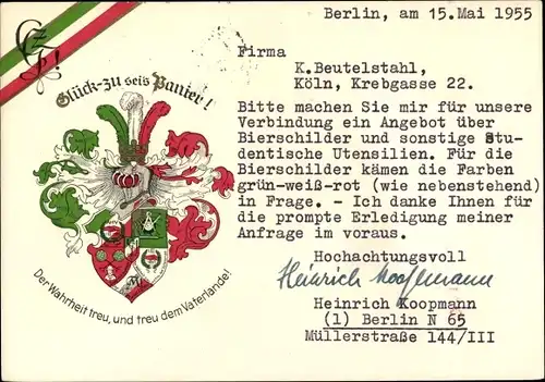 Studentika Wappen Ak Berlin Mitte, Glück zu seis Panier, Der Wahrheit treu und treu dem Vaterlande