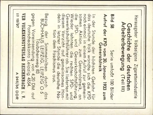 Sammelbild Geschichte der deutschen Arbeiterbewegung, 58 Aufruf der KPD zum Generalstreik 1933