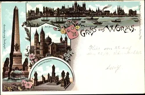 Litho Worms am Rhein, Dom, Panorama, Großherzogdenkmal, Lutherdenkmal