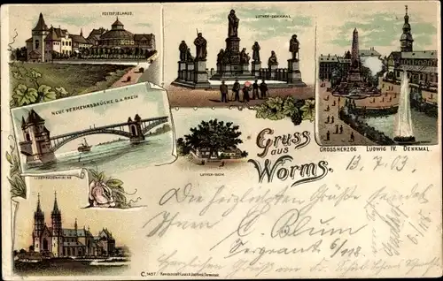 Litho Worms am Rhein, Lutherdenkmal, Neue Verkehrsbrücke, Großherzog-Ludwig IV-Denkmal