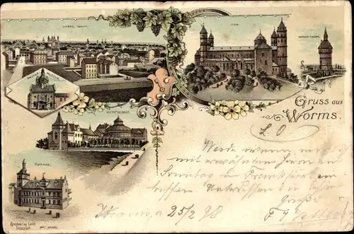 Litho Worms in Rheinland Pfalz, Dom, Wasserturm, Paulus-Museum, Rathaus