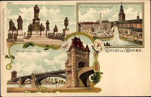 Ak Worms, Lutherdenkmal, Neue Straßenbrücke, Großherzog-Ludwig IV-Denkmal