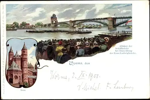 Litho Worms am Rhein, Dom, Abfahrt der Schiffbrücke bei Einweihung der Ernst-Ludwig-Brücke