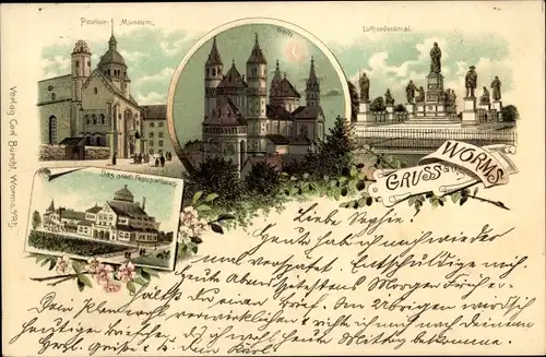 Mondschein Litho Worms am Rhein, Lutherdenkmal, Festspielhaus, Paulus-Museum, Dom