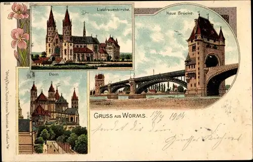 Litho Worms am Rhein, Dom, Neue Brücke, Liebfrauenkirche