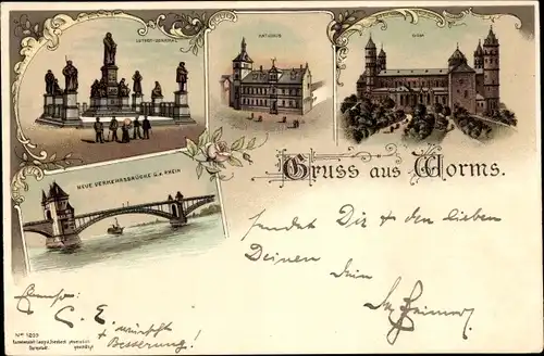 Litho Worms am Rhein, Dom, Lutherdenkmal, Neue Verkehrsbrücke, Rathaus