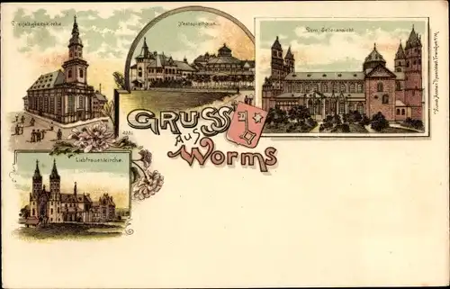 Litho Worms am Rhein, Dom, Festspielhaus, Dreifaltigkeitskirche, Liebfrauenkirche, Wappen