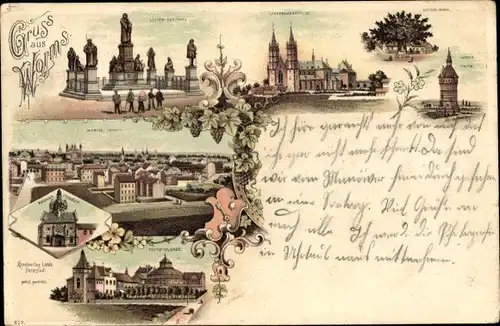 Litho Worms am Rhein, Lutherdenkmal, Wasserturm, Panorama