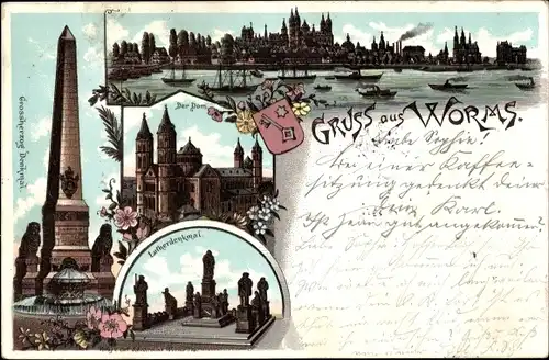 Litho Worms am Rhein, Dom, Panorama, Großherzogdenkmal, Lutherdenkmal, Wappen