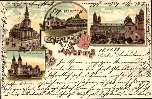 Litho Worms in Rheinland Pfalz, Liebfrauenkirche, Festspielhaus, Dom, Wappen