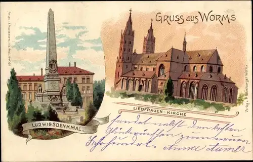 Litho Worms in Rheinland Pfalz, Ludwigsdenkmal, Liebfrauenkirche