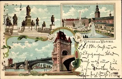 Litho Worms, Lutherdenkmal, Neue Straßenbrücke, Großherzog-Ludwig IV-Denkmal