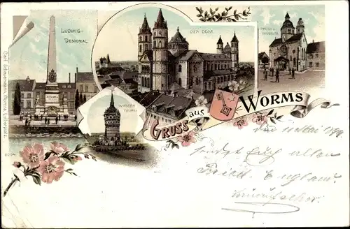 Litho Worms in Rheinland Pfalz, Ludwig-Denkmal, Dom, Wasserturm, Paulus-Museum, Wappen