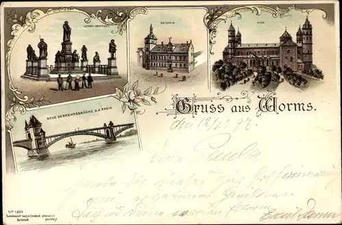 Litho Worms in Rheinland Pfalz, Lutherdenkmal, Dom, Rathaus, Verkehrsbrücke