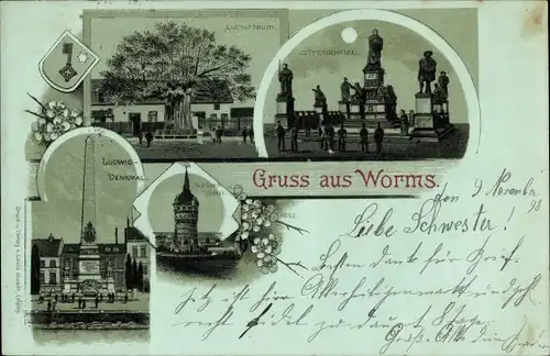 Mondschein Litho Worms am Rhein, Luther-Baum, Lutherdenkmal, Wasserturm, Ludwig-Denkmal