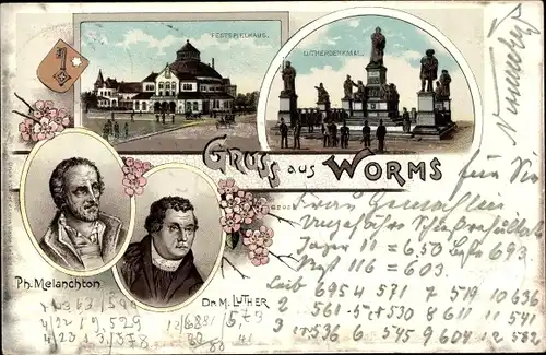 Litho Worms am Rhein, Philipp Melanchthon, Martin Luther, Lutherdenkmal, Festspielhaus