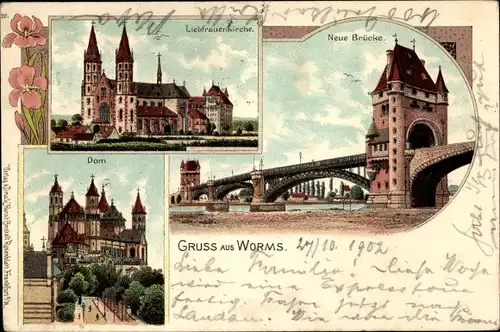 Litho Worms am Rhein, Dom, Neue Brücke, Liebfrauenkirche