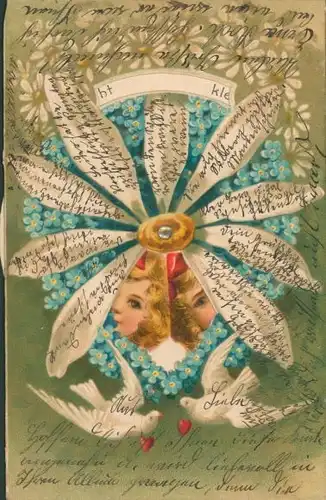 Mechanische Litho Vergissmeinnicht, Tauben, Mädchen, Kitsch