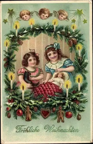 Präge Ak Glückwunsch Weihnachten, Mädchen, Puppe, Tannenzweige, Engel, Tannenzapfen