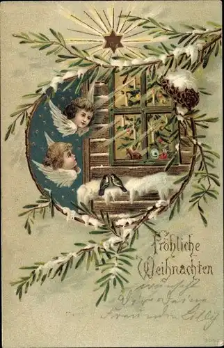 Präge Glitzer Litho Glückwunsch Weihnachten, Engel, Tannenzweige, Tannenbaum