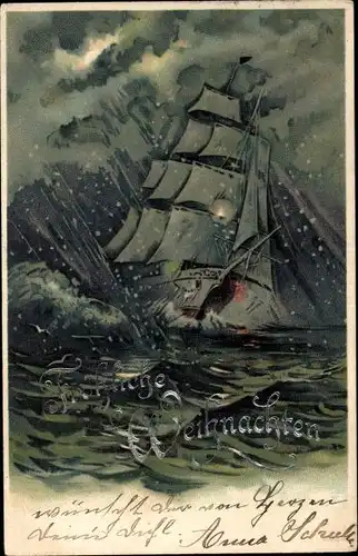 Litho Glückwunsch Weihnachten, Segelschiff, Sturm, Stürmisches Wetter