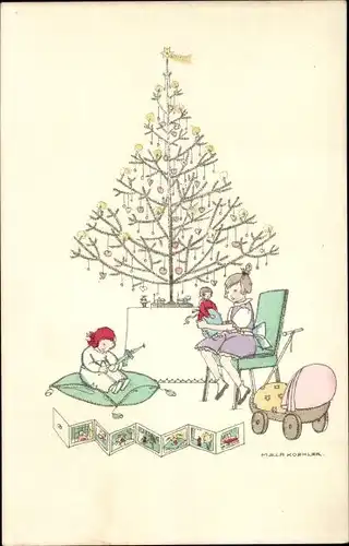 Künstler Ak Köhler, Mela, Glückwunsch Weihnachten, Kinder mit Puppen, Tannenbaum, Bilderbuch
