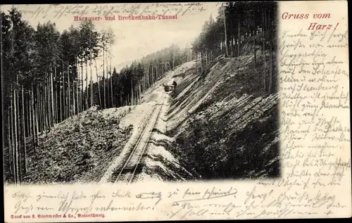 Ak Harzquer und Brockenbahn Tunnel, Eisenbahnschienen, Wald