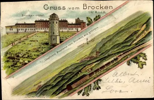 Litho Brocken Nationalpark Harz, Brocken-Hotel, Östliches Panorama, Bahnhof, Wernigerode