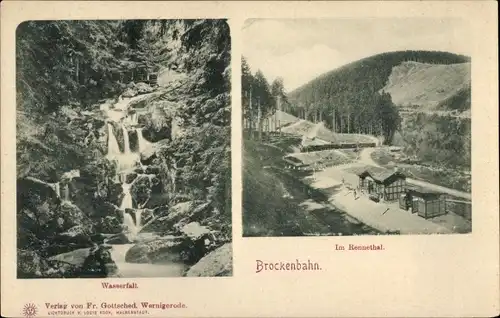 Ak Brocken Nationalpark Harz, Wasserfall, Rennetal, Brockenbahn